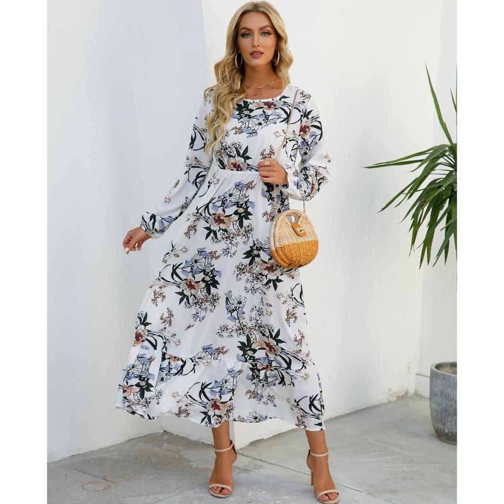 Women's Fashion Summer Spring Floral Print Long Sleeve O-Neck High Waist Casual Dresses