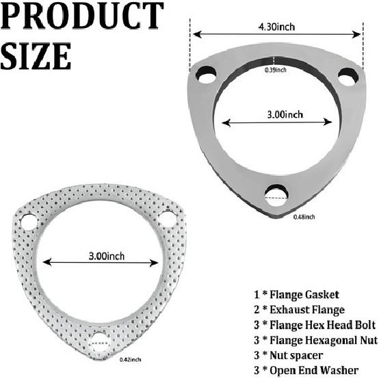 3" Exhaust Flange Gasket with 3 Exhaust Bolts Tool Set, Stainless Steel -3"