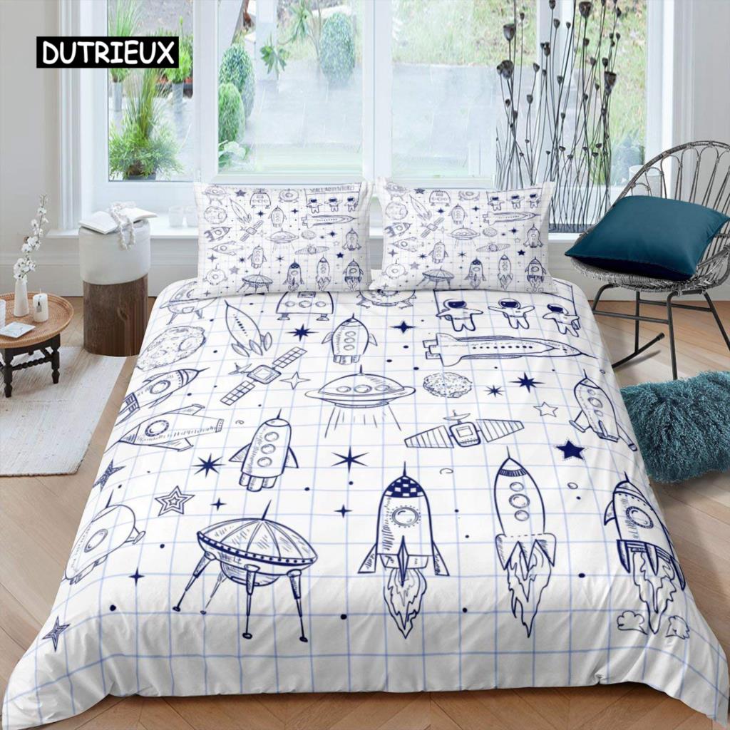 Zestaw poszwy na kołdrę Rocket Rozmiar King Zestaw pościeli Kosmiczny statek Podwójny Mikrofibra Kosmos Galaktyka Gwiazdy Planeta Kreskówkowy styl Poszwa na kołdrę