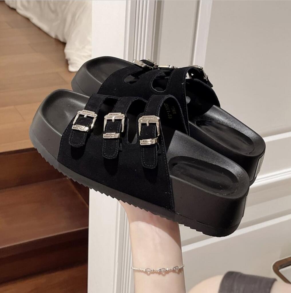 Fashion Retro Classic Thick-soled Slippers For Women New Fashion Suede Platform Sandals Summer Belt Buckle Beach Slides Woman Shoes