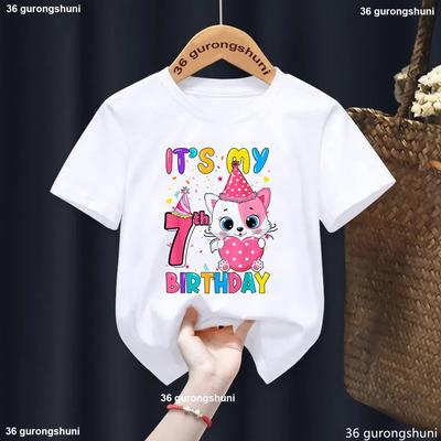 It Is My 7th/8th Birthday Gift Cat Graphic Print T Shirt Girls/Boys Kawaii Kids ClotheShirs Funny White T-shirt Summer Top Tshirt