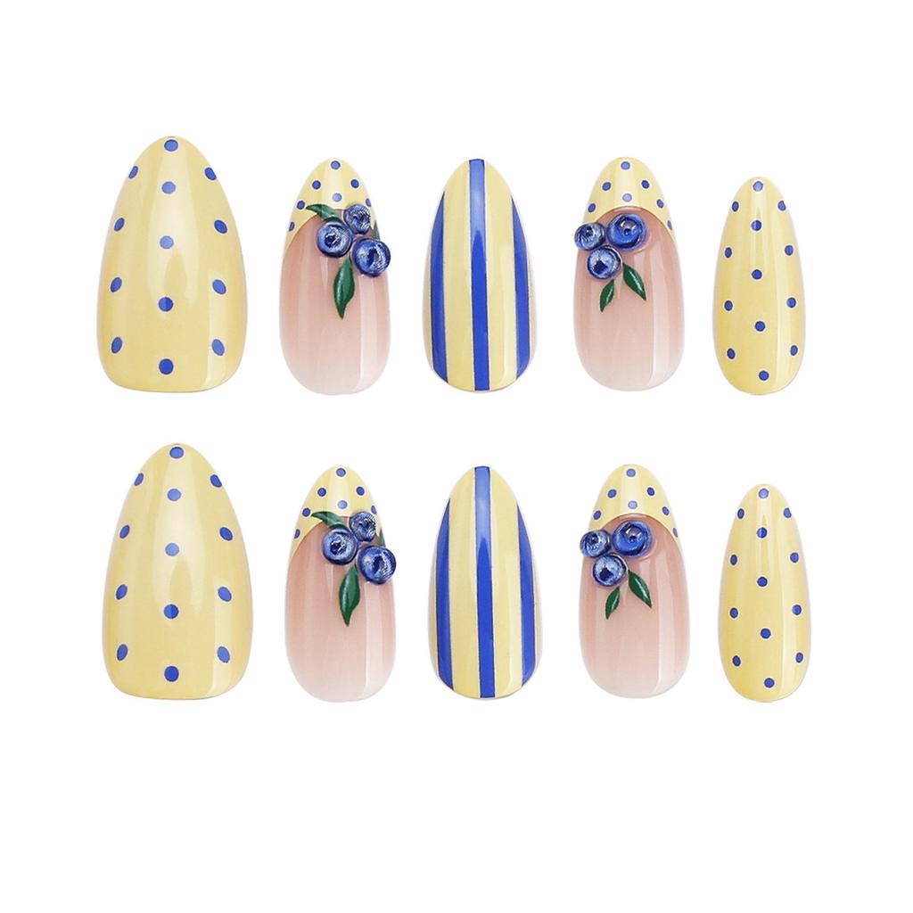 Le Fan Meijia 3D Blueberry French Wearable Almond Nails with Stripes & Polka Dots