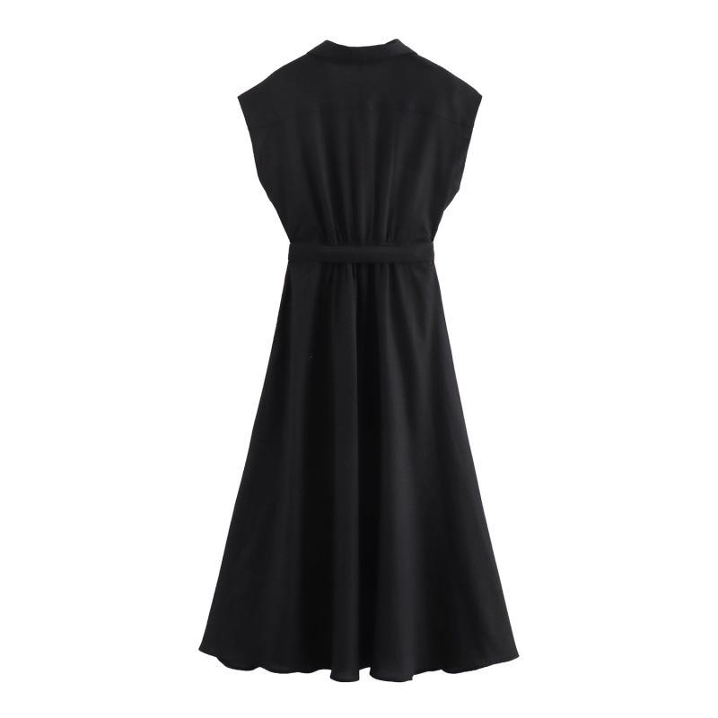 Women's Lapel Sleeveless Maxi Dress Loose Fit High Rise Linen Blend Shirt Dress With Matching Belt