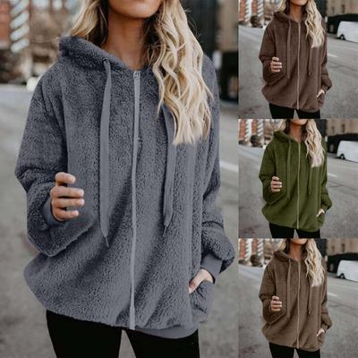 Women's Fashion Casual Solid Color Long Sleeve Coat  Plush Zipper Hooded Jacket