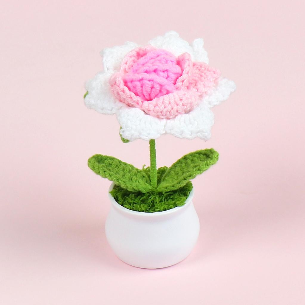 Artificial Rose Flower Creative Knitting Flower Potted Crochet Rose Flowers Table Decor Knitted Plant