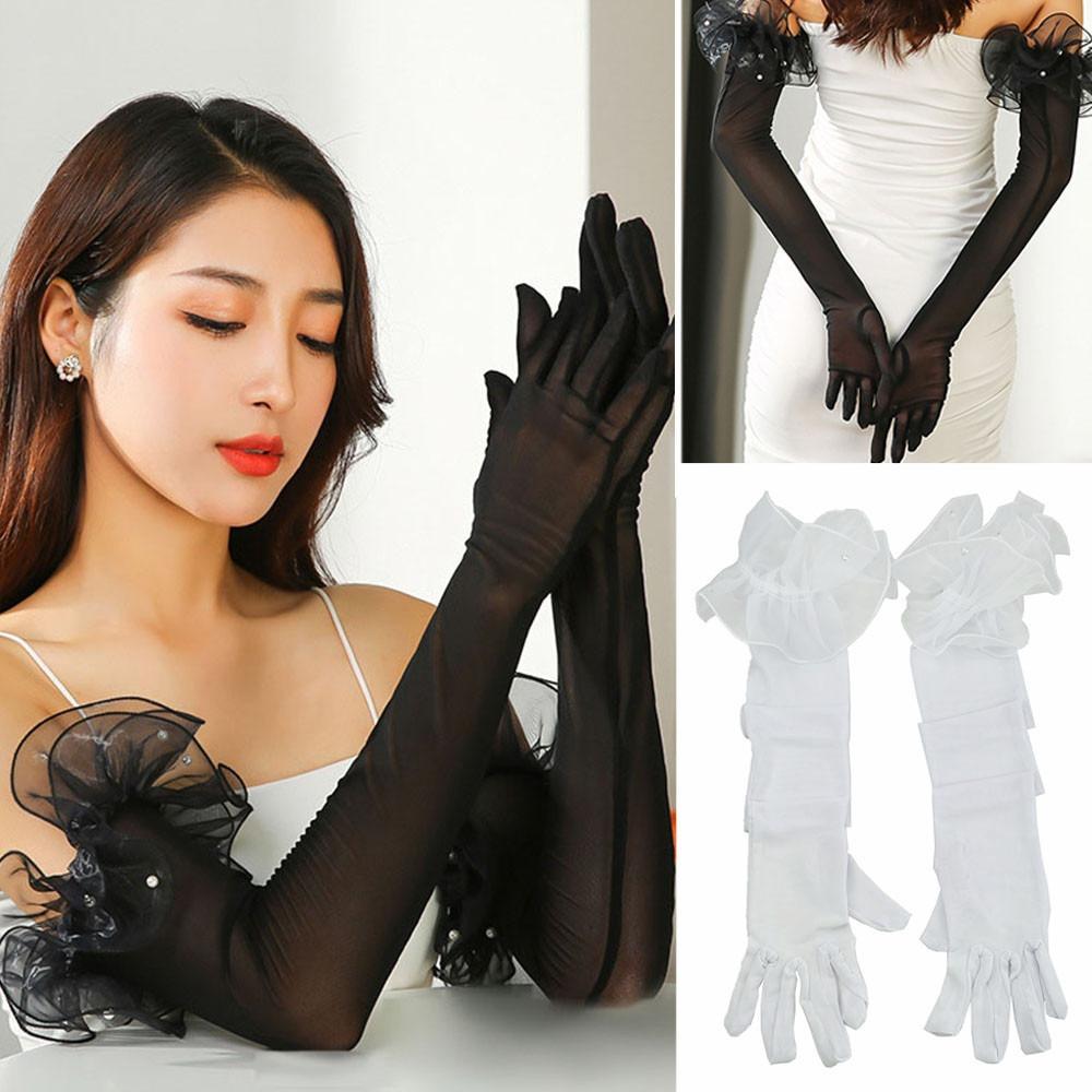 Elastic Women Long Mittens Wedding Dress Bridal Mesh Gloves Solid Lace Sleeves Gloves  Christmas