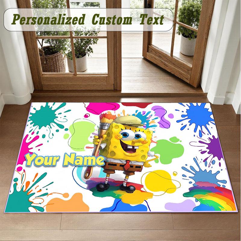 Crystal Velvet Square Rug Custom NameSpongeBob Pattern Non Slip Home Floor Decor Rug