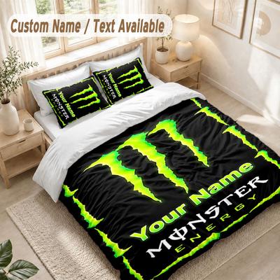 Custom Name Bedding Set 3 PiecesMonster Energy Print Duvet Cover + 2 Pillowcases Soft Bed Decor