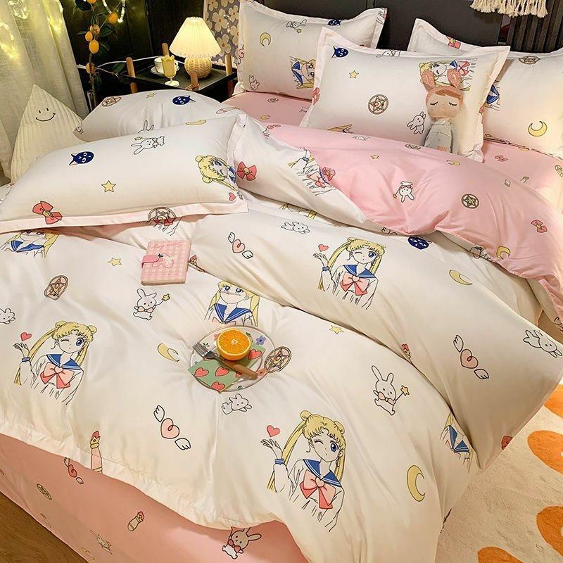 Sweet Blue Love Heart Printed Bedding Set For Girls Adults Children Bed Cover And Flat Sheet Pillowcases Soft Full Size 3/4pcs
