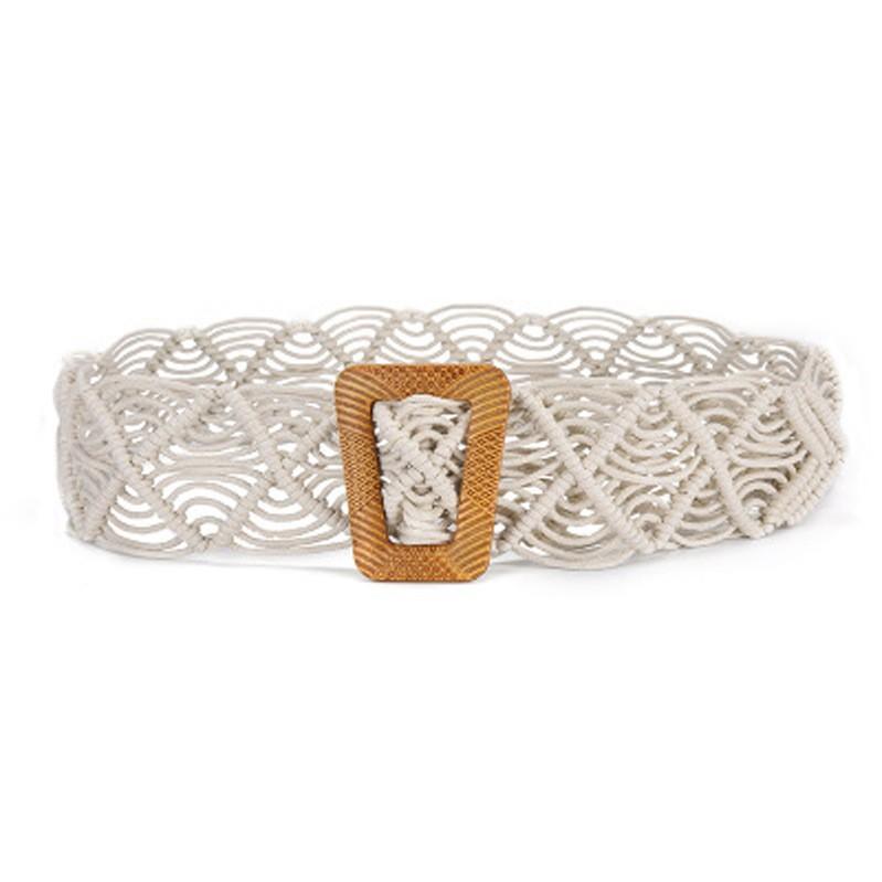 Spring and Summer New Ethnic Style Bohemian Wax Rope Hollow Braided Belt Pure Handmade Wooden Buckle Braided Belt for Women