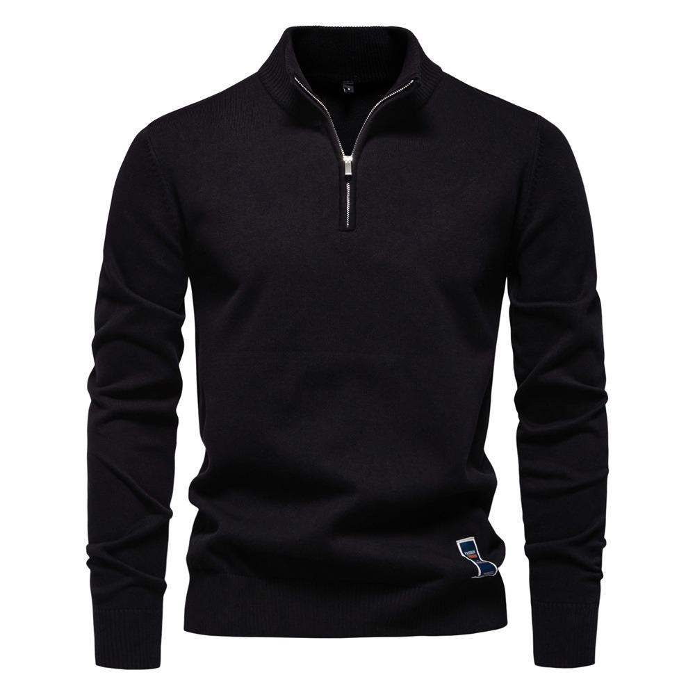 2026 Solid Color Pure Cotton Pullover with Male Standing Collar, Sliding Zipper, Form-fitting Men's Knitted Shirt Top