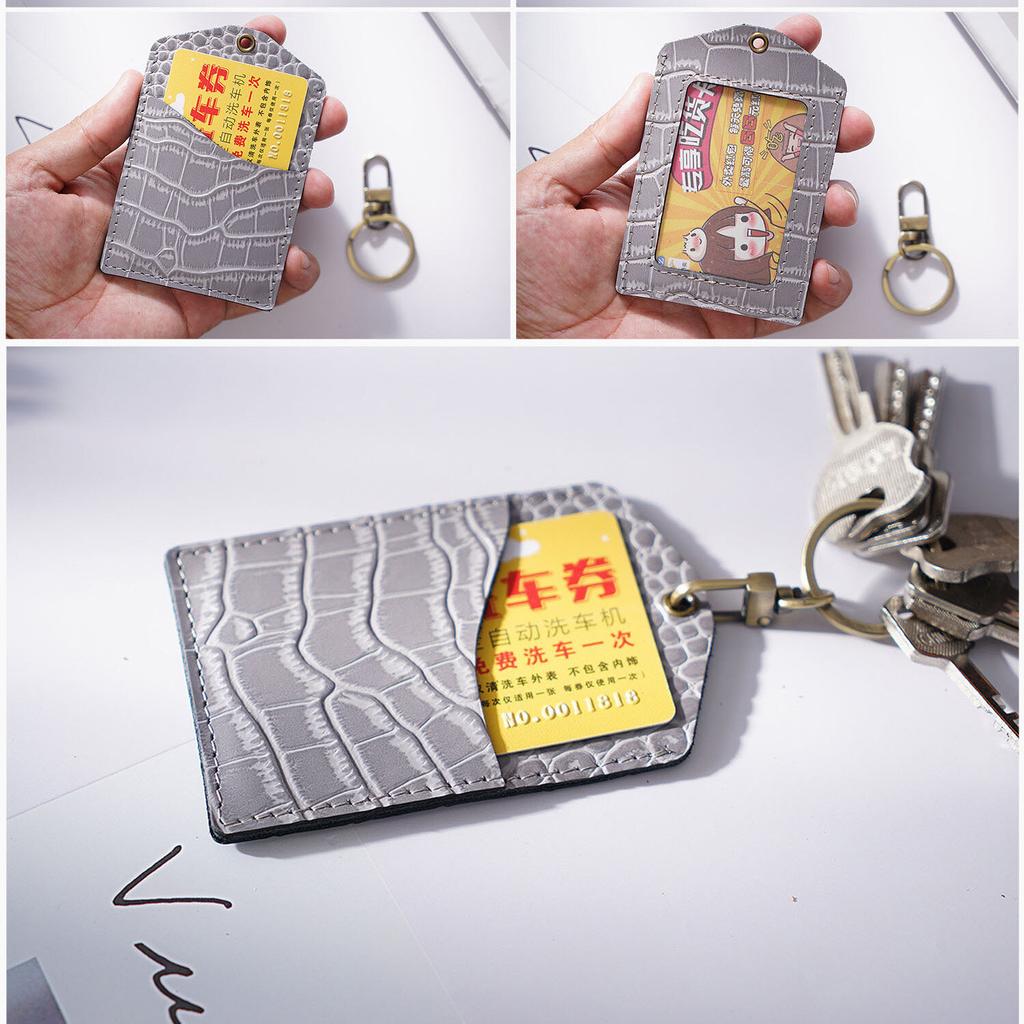Genuine Leather Crocodile Stripes Office Badge Holder Chest Card Bus Card Campus Access Control Student Meal Card Protective Cases with Keychains