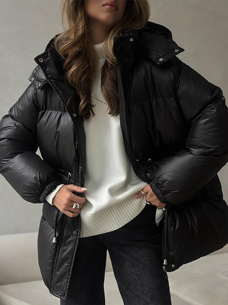 Damen Kapuzen-Baumwolljacke mit Reißverschluss Kordelzug Bindung Locker Warm Braun Baumwollkleidung Leichte Schlanke Jacke Täglicher Arbeitsweg Herbst und Winter