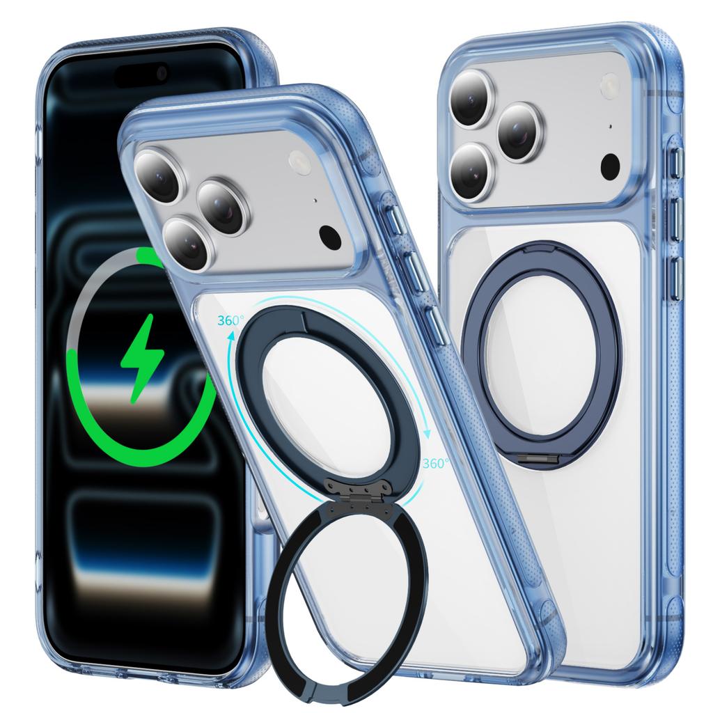 Crystal Clear Magnetic Case With Metal Gear Kickstand Anti Slip Raised Camera Protection For iPhone 12 13 14 15 16 17 Pro Max Wireless Charging