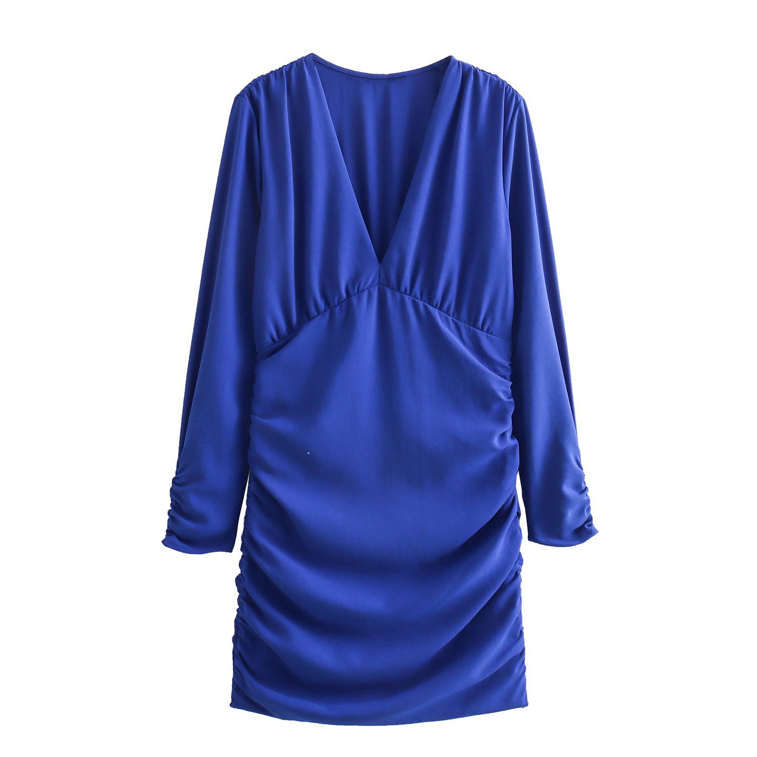 

Spring Women s V-Neck Long Sleeve Ruched Mini Dress XS синій