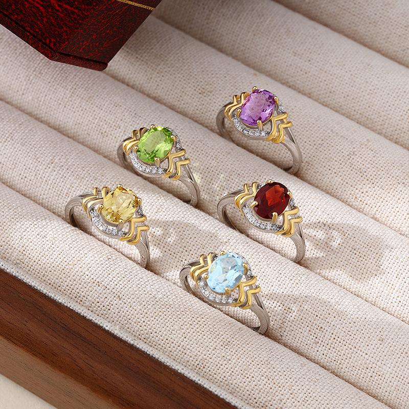 New Natural Spar Ring S925 Sterling Silver Ring Women's Two-color Gold-plated High-end Design Fashion Retro Jewelry Gift