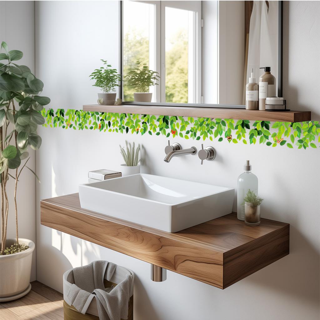 Fresh Green Vine Leaf Butterfly Self Adhesive Border Wall Sticker Bathroom Glass Mirror Frame Decor
