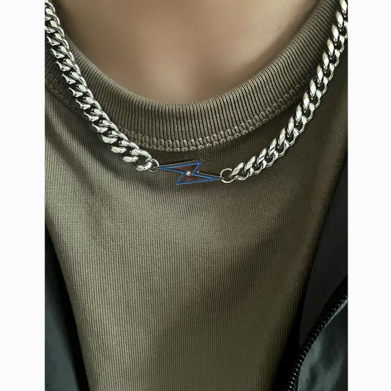 Mens Street Style Stainless Steel Lightning Pendant Necklace With Polished Finish For Casual Wear