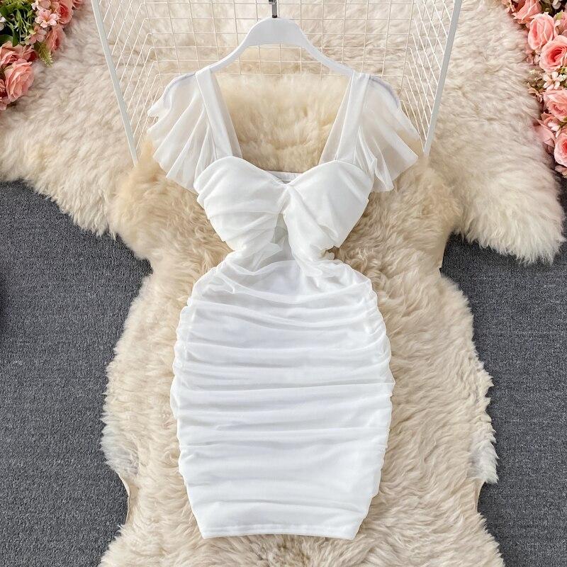 Sexy Short Sleeved High Waist Slimming Pleated Square Collar Wrapped Hip Dress
