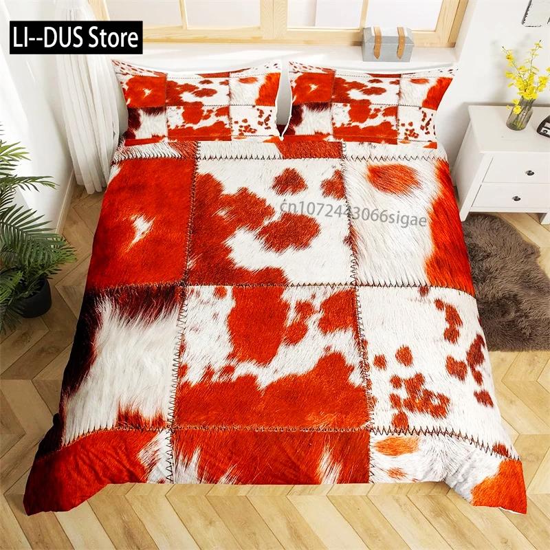 Cowhide Print Duvet Cover Queen Microfiber Western Farmhouse Animal Skin Fur Bedding Set 3pcs for Kids Teen Cow Quilt Cover