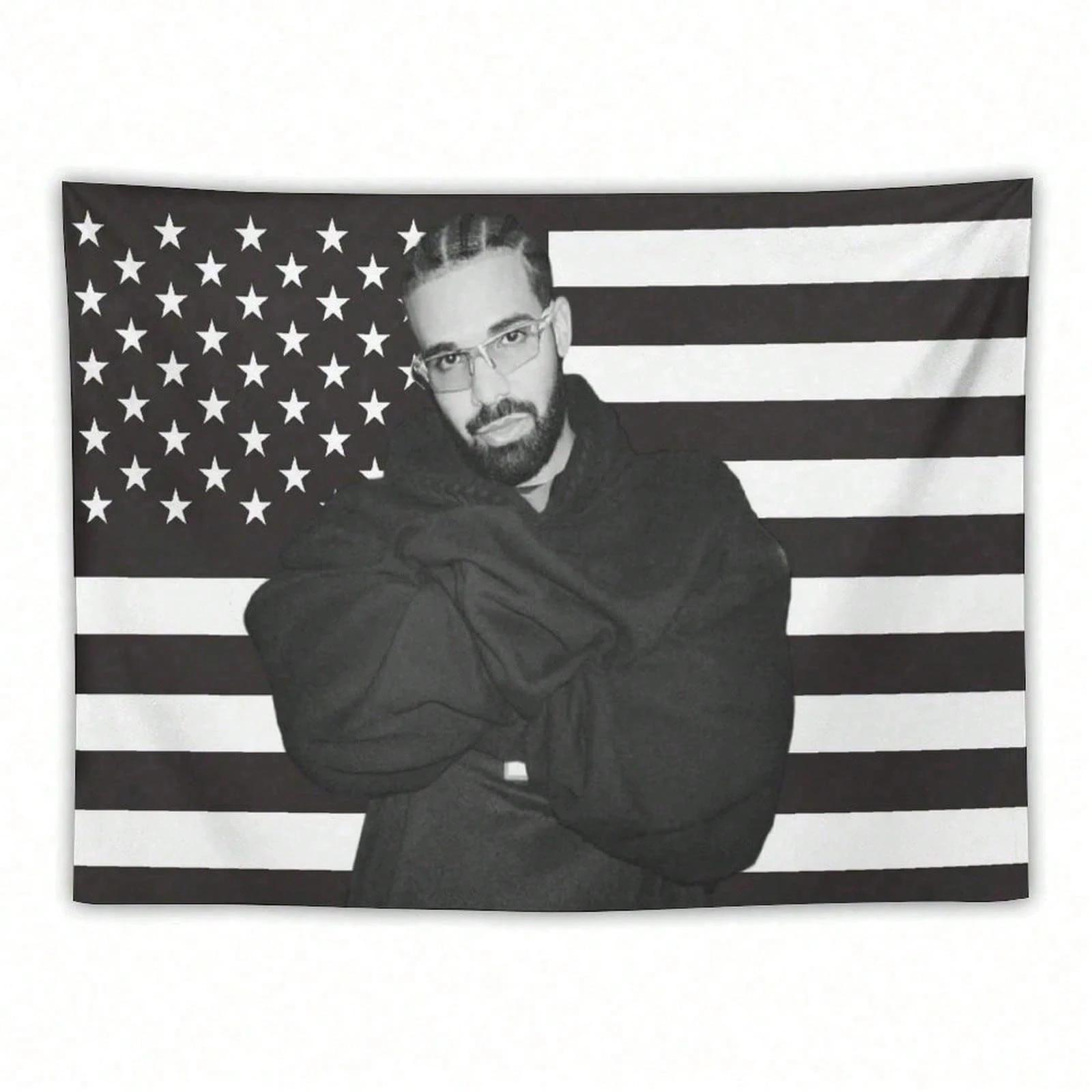 1 Stück Drake Schwarze Amerikanische Flagge Wandteppich, Rapper Fan Wandbehang, Coole Zimmer Deko, Große Größe, Polyester 2D Druck, Schlafzimmer Deko, 40X60cm