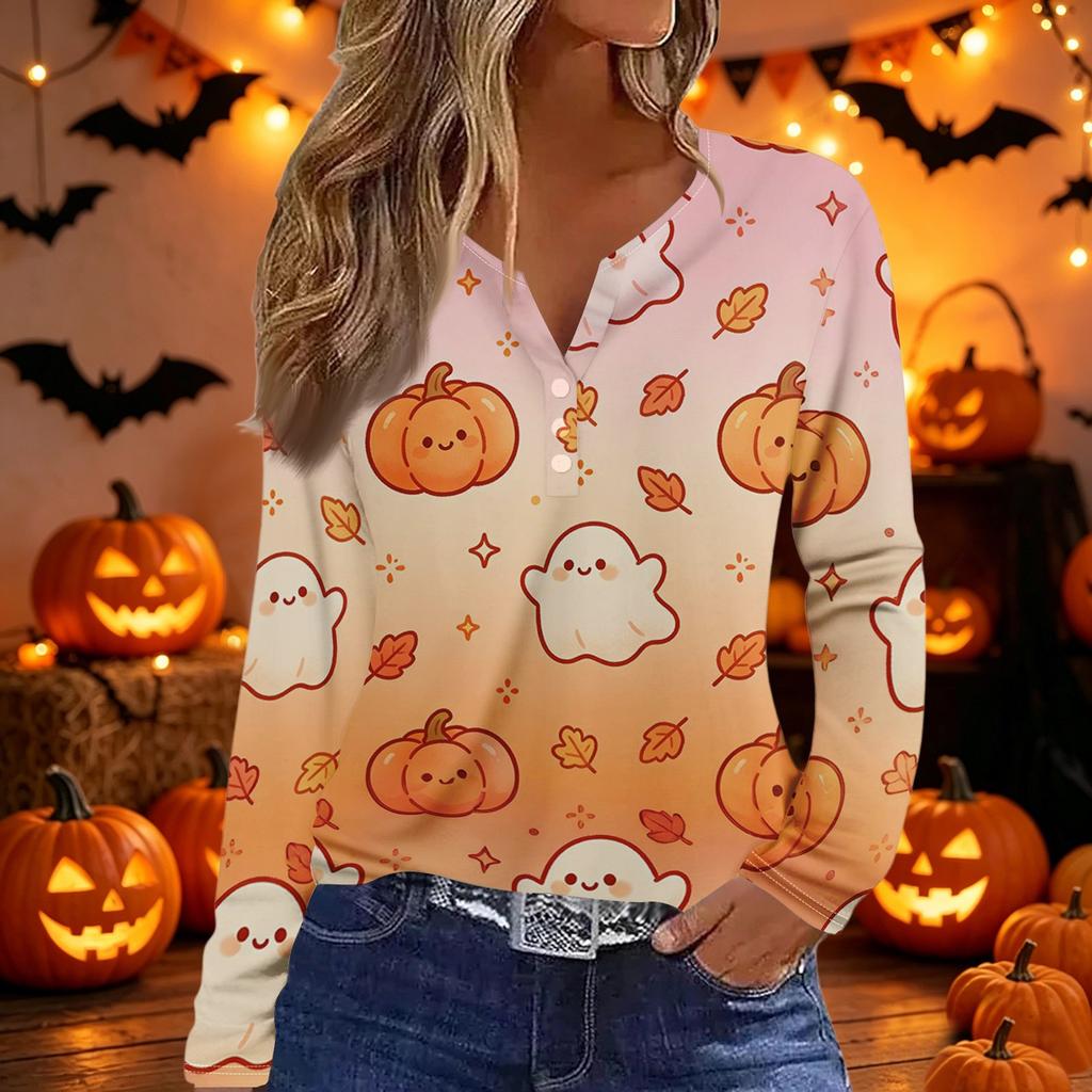Women's Fashion Casual Halloween Print V Neck Decorative Button Long Sleeve T Shirt Top Lightweight Comfortable Fit