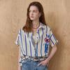 Women Rabbit Embroidery Blue Stripe Short Sleeve Shirt Blouse Ze07qb030nh