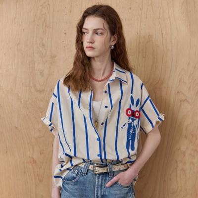 Women Rabbit Embroidery Blue Stripe Short Sleeve Shirt Blouse Ze07qb030nh