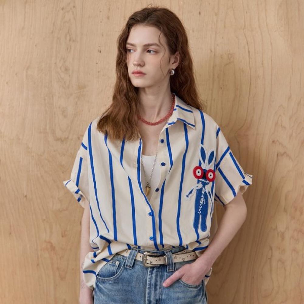 Maxza Women Rabbit Embroidery Blue Stripe Short Sleeve Shirt Blouse Ze07qb030nh Blue (short sleeve)/FREE