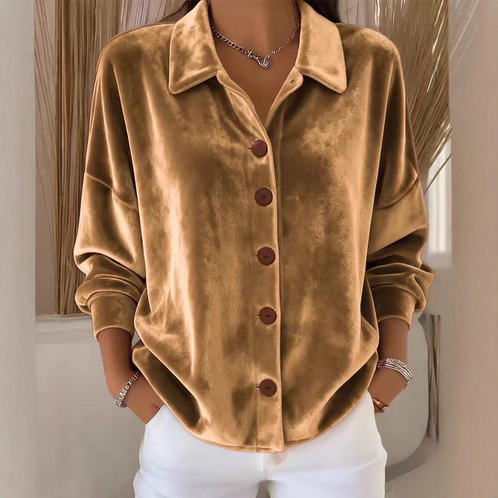 Women's Long-Sleeve Gold Velvet Cardigan with Shirt Collar