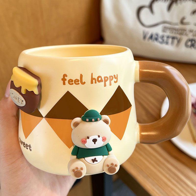 

Кружка Honey Bear из утолщенной керамики с крышкой и ложкой, кофейная чашка, 3D магнитная съемная адсорбционная вешалка, посуда для питья 420ML