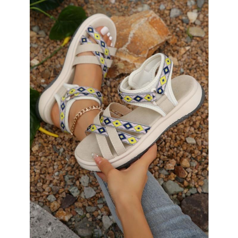 Women's New Summer Color-block Fashion Ethnic Style Light Beach Shoes Cross with Peep-toe Soft Platform Sandals
