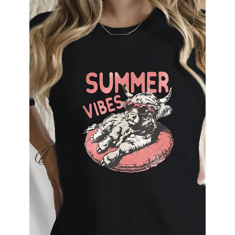 

European Size Plus Size - Casual Short-Sleeve T-Shirt for Women Featuring a Summer Vibe Graphic, Designed with a Cow Print 4XL чорний