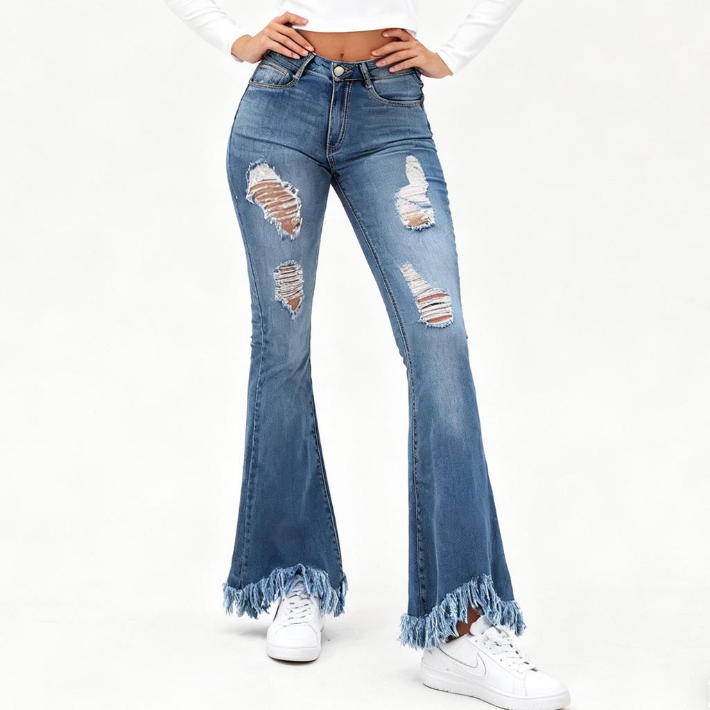 Jean délavé taille haute pour femme, pantalon à jambe droite polyvalent à la mode