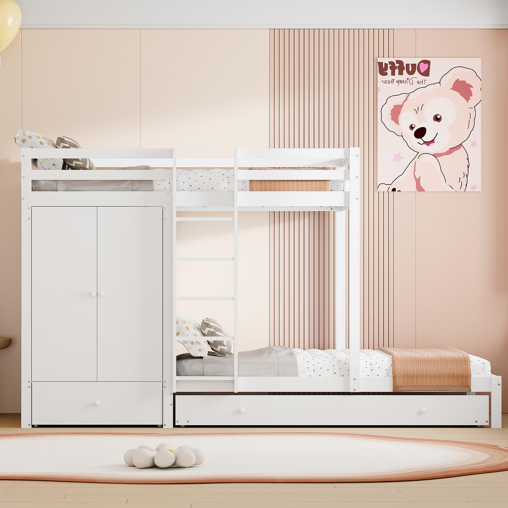 Massivholz-Etagenbett 90*200 mit Ausziehbett, Multifunktionales Kinderbett mit Kleiderschrank, Schubladen und Staufach, Weiß