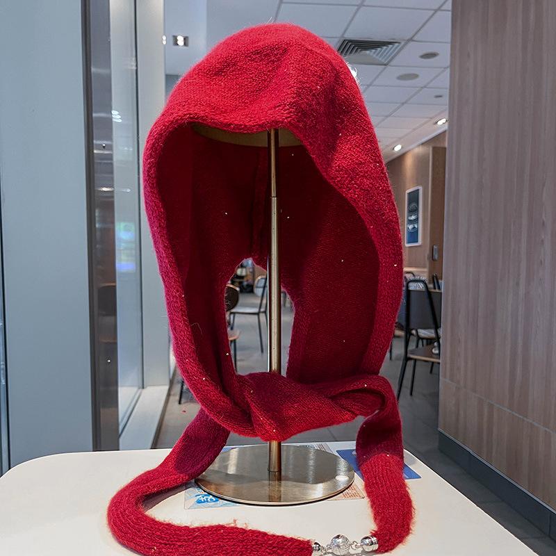 Korean version ins balaclava hat scarf integrated warm red knitted hat ear protector wool hat big head circumference