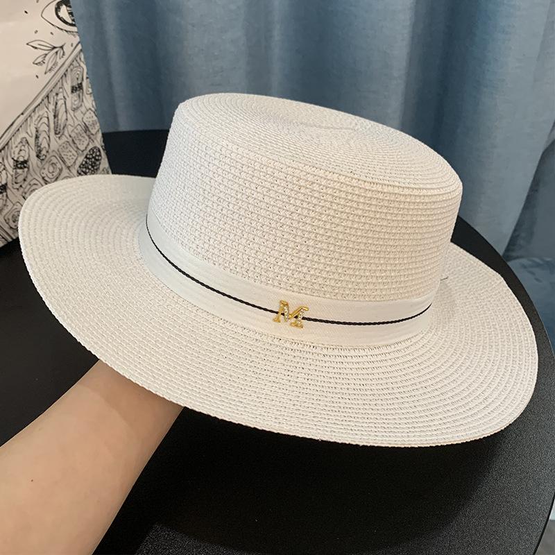 M Straw Hat Women's Simple Flat-top Letter Elegant White Top Hat British Sun Protection Beach Vacation Sun Hat