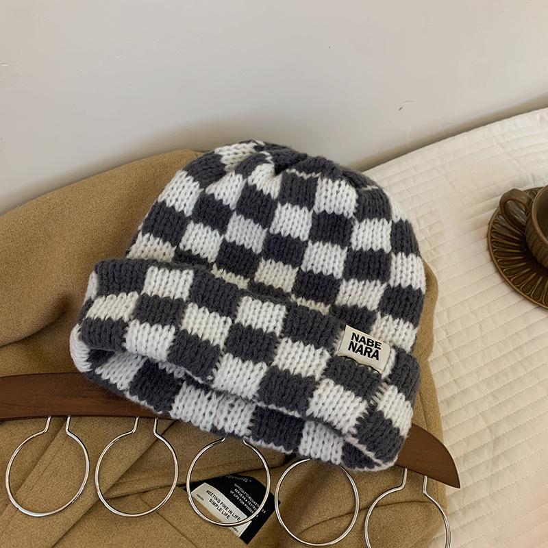 Chessboard Knitted Hat Women's Autumn and Winter Niche Big Head Circumference Wool Hat Showing Face Small Christmas Hat