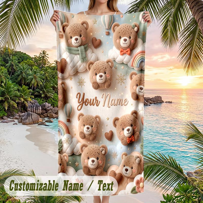 Teddy Bear Theme Beach Towel Personalized Custom Name & Text Soft Quick Dry Beach Towel for Swimming Travel