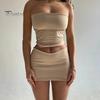 Women's Two Piece Skirt Set Strapless Bandeau Tube Crop Top And Bodycon Mini Skirt Set Summer Sexy Club Outfit