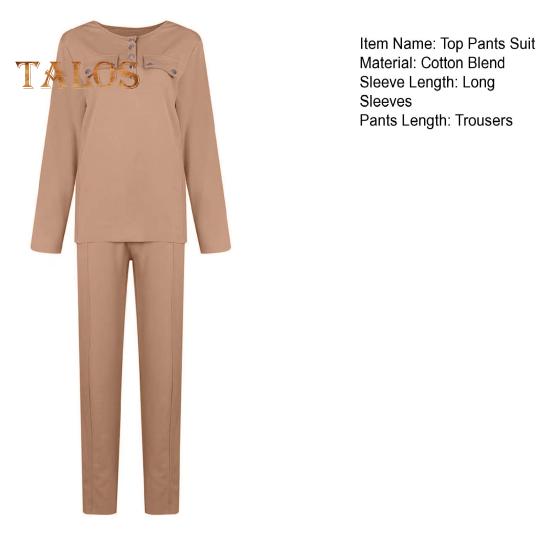 2 Teile/satz Damen Top Hosen Anzug Rundhals Langarm Einfarbig Bluse Elastische Taille Slim Fit Hose Alltagskleidung Sport Outfit Herbst Frühling
