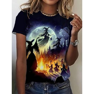 Maglia da Donna con Motivo Strega Casual Manica Corta Maglietta 3D Top alla Moda Scollo O Abbigliamento Femminile