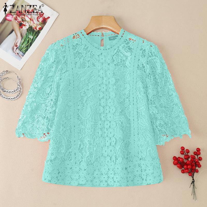 ZANZEA Damen Sommer Aushöhlen Spitze Häkeln Patchwork Kurzarm Bluse