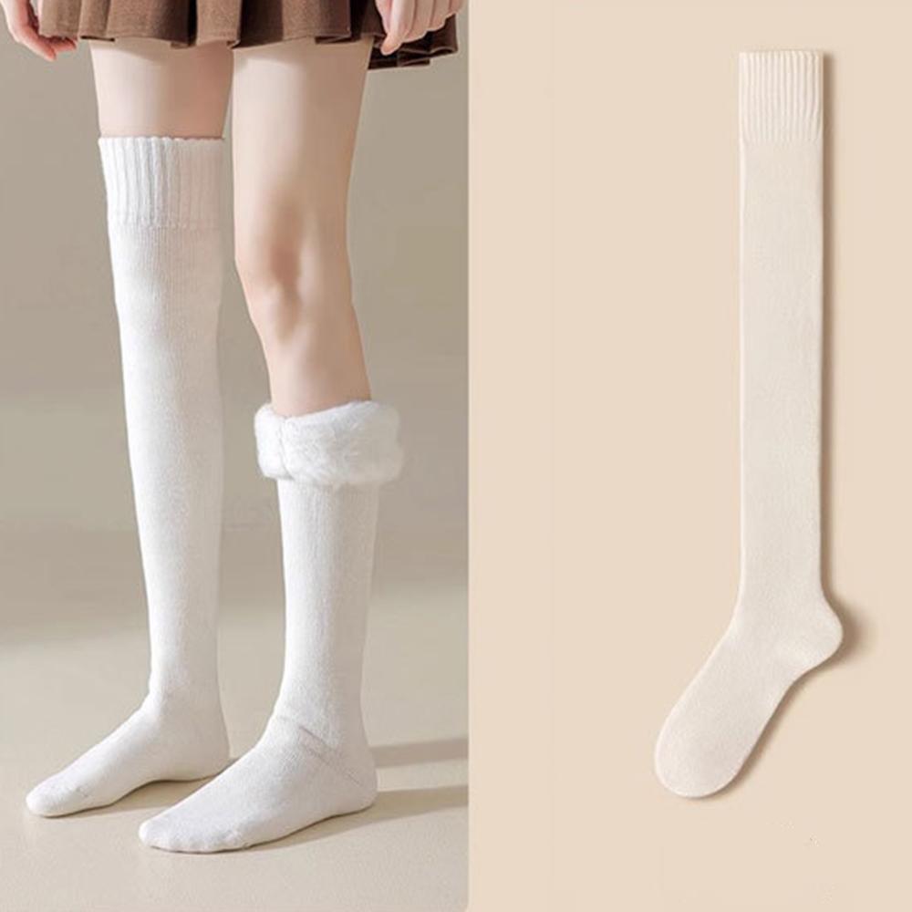 

Black White High Stockings Cashmere Tall Socks For Women Winter Fuzzy-Lined Plush Hosiery Leg Covers For Girls Warm Socks One Size
