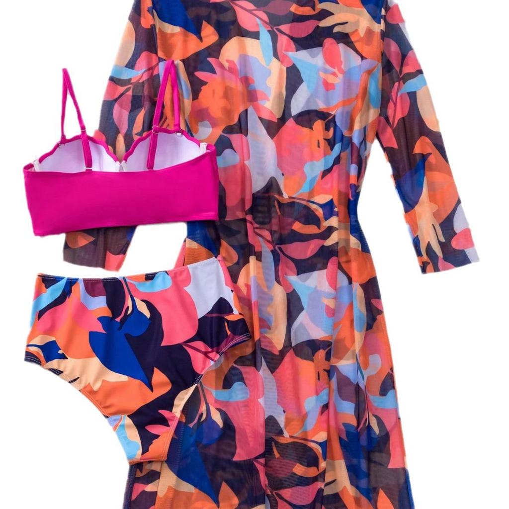 Women's European & American Mesh Gathered Bikini: Sexy Printed 3-Piece Swimsuit Set.