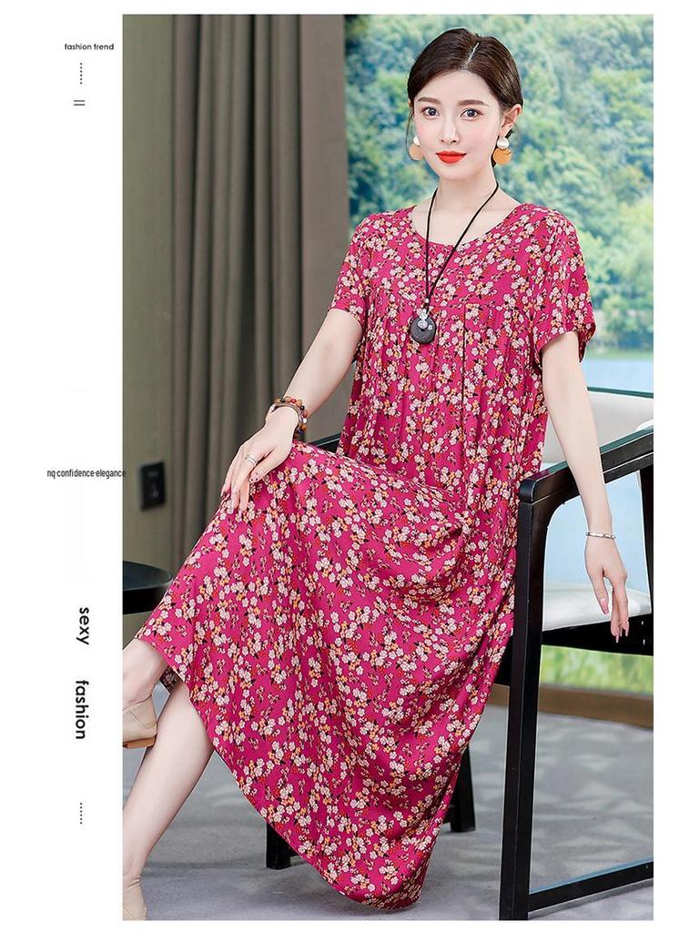 Plus Size Korean Style Summer Floral Cotton Silk Dress - Slimming Design for 240 Jin