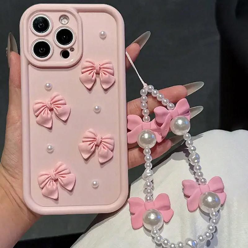 

3D Elegant Bowknot Faux Pearl Chain Silicone Phone Case For iPhone 11 12 13 14 15 16 Pro Max 16E XS X XR 7 8 Plus SE Soft Cover For iPhone 16E