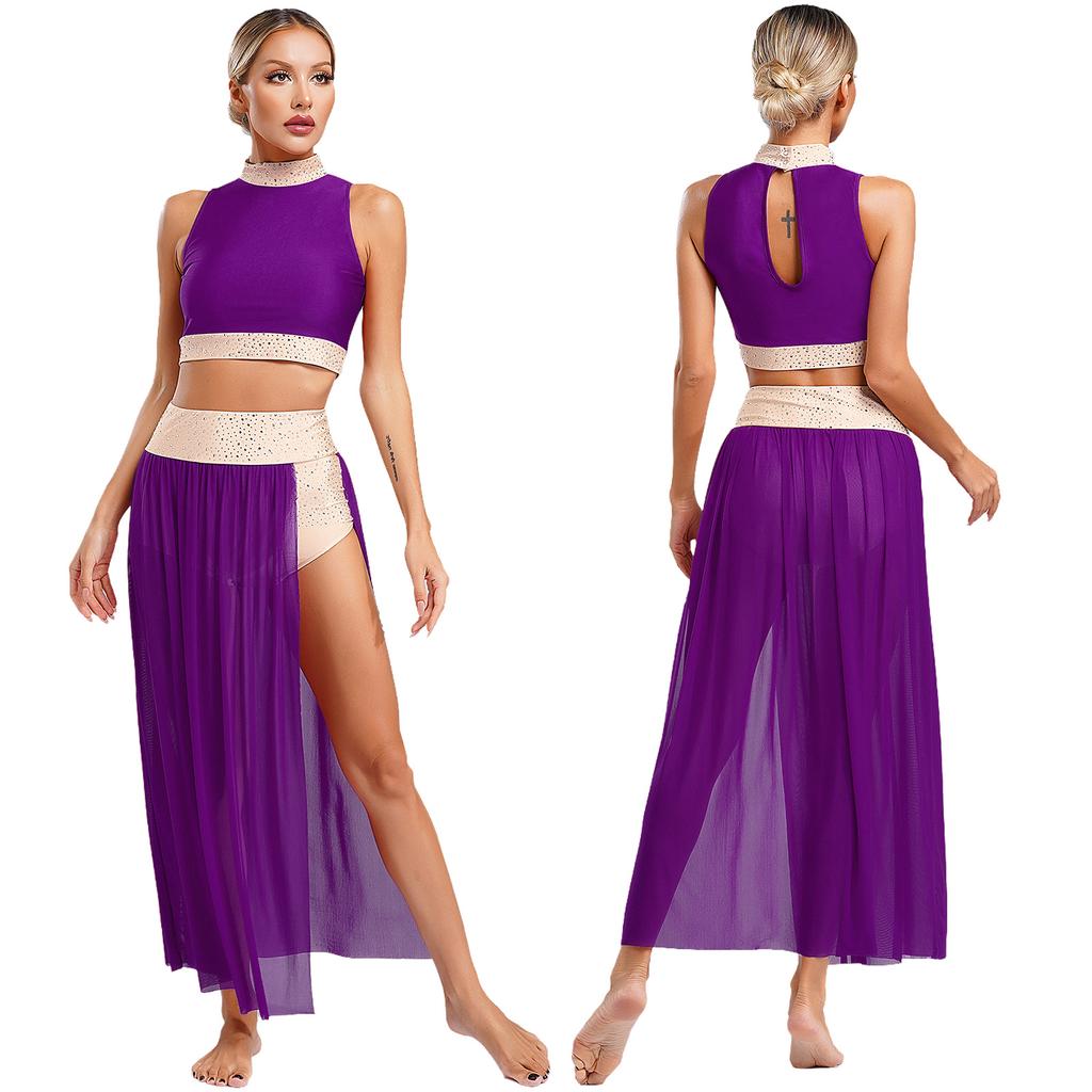 Women 2pcs Cutout Dancewear Ballroom Modern Lyrical Dance Skating Stage Performance Long Dress Side Split Skirt Maxi Dresses