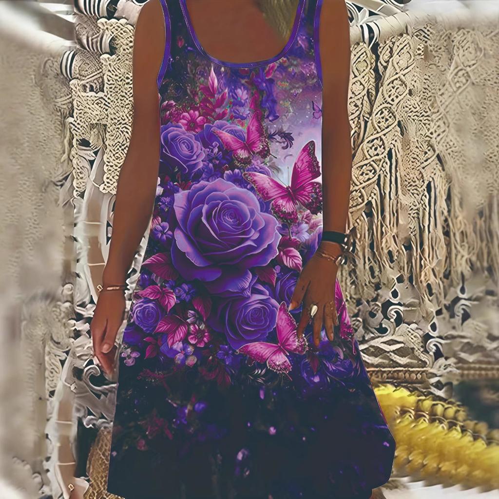 Robe Mini Sans Manches Imprimée Numériquement Créative pour Femmes Mode Col Rond Décontractée Confortable Respirante Polyvalente Robe de Plage Vacances