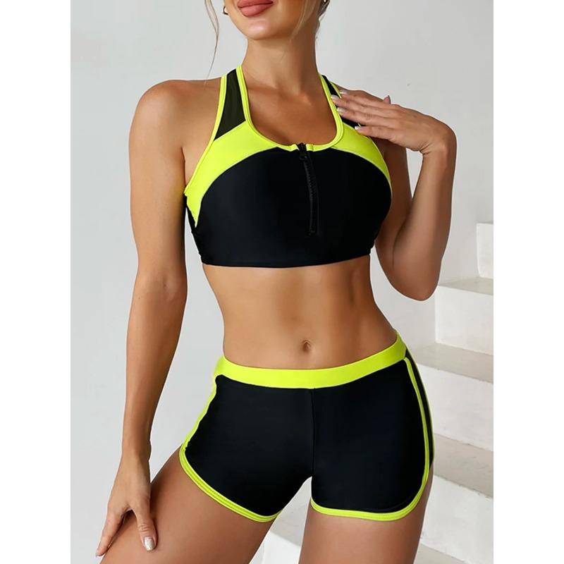 

2026 Zipper Bikini Set Two Piece Swimsuit Women With Shorts Sports Swimwear Female Bathing Swimming Suit Beach Wear Summer L жовтий